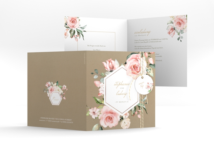 Hochzeitseinladung Graceful quadr. Klappkarte Kraftpapier rosegold mit Rosenblüten in Rosa und Weiß