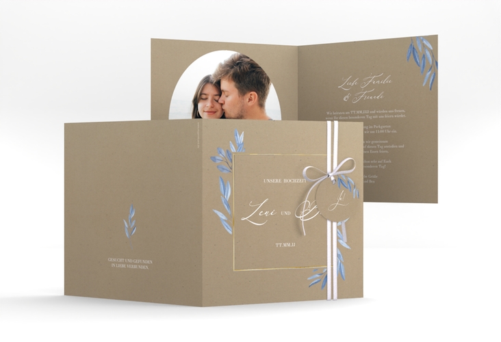 Hochzeitseinladung Classicblue quadr. Klappkarte Kraftpapier gold