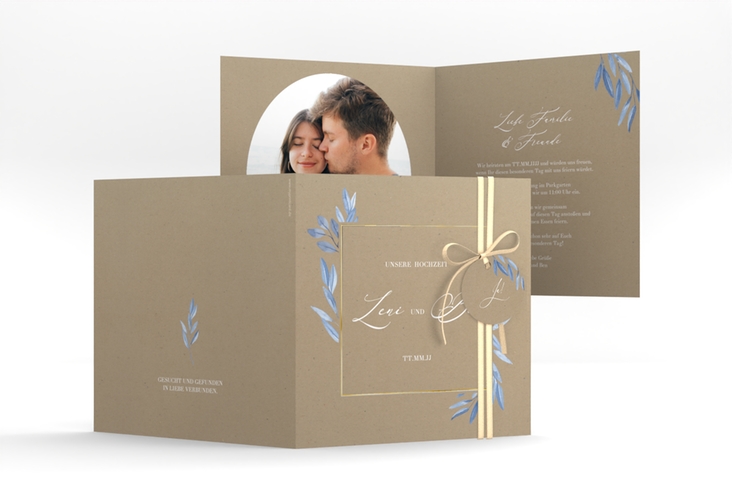 Hochzeitseinladung Classicblue quadr. Klappkarte Kraftpapier gold