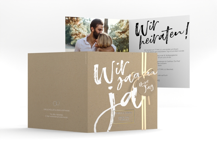 Hochzeitseinladung Words quadr. Klappkarte Kraftpapier silber modern mit Brush-Schrift