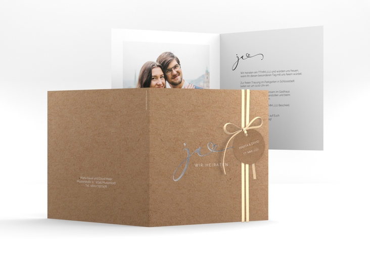 Hochzeitseinladung Jawort quadr. Klappkarte Kraftpapier silber modern minimalistisch mit veredelter Aufschrift