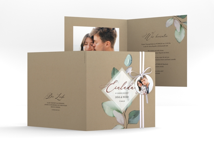 Hochzeitseinladung Foglia quadr. Klappkarte Kraftpapier rosegold edel mit Eukalyptus im Aquarell-Design