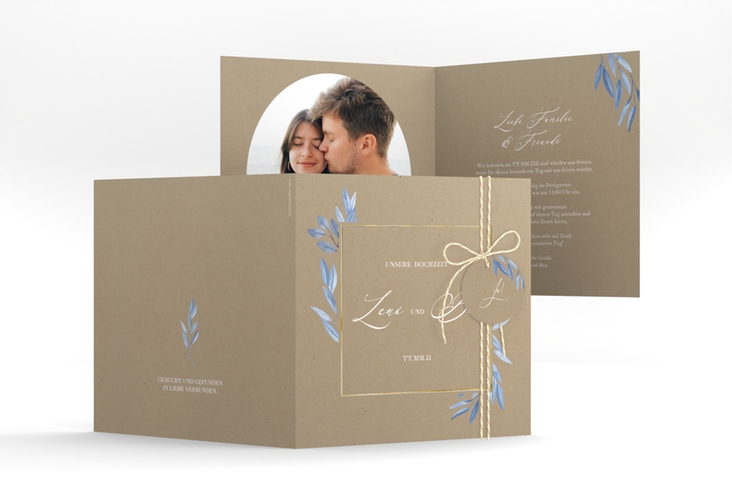 Hochzeitseinladung Classicblue quadr. Klappkarte Kraftpapier gold