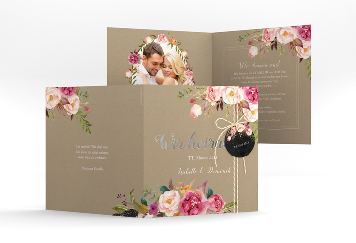 Hochzeitseinladung Flowers quadr. Klappkarte Kraftpapier silber mit bunten Aquarell-Blumen