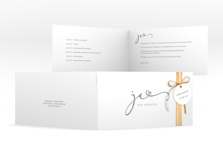 Hochzeitseinladung Jawort lange Klappkarte quer weiss silber modern minimalistisch mit veredelter Aufschrift