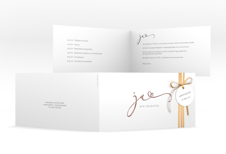 Hochzeitseinladung Jawort lange Klappkarte quer weiss rosegold modern minimalistisch mit veredelter Aufschrift