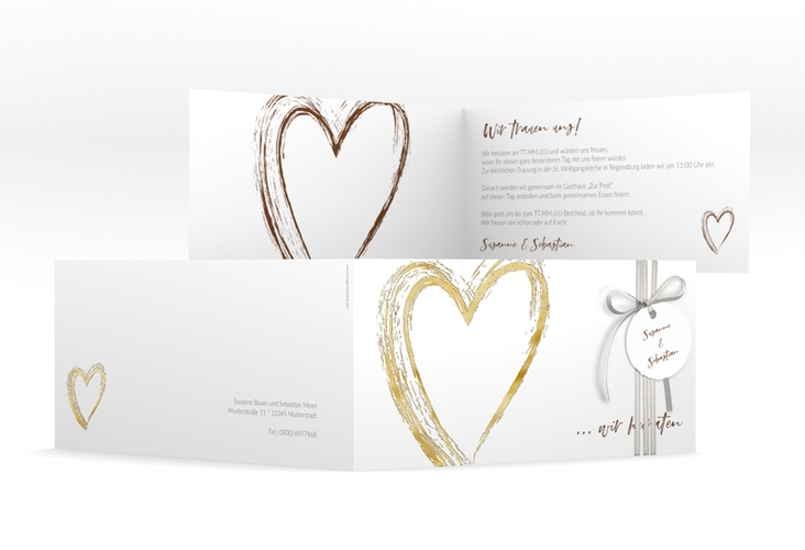 Hochzeitseinladung Liebe lange Klappkarte quer braun gold