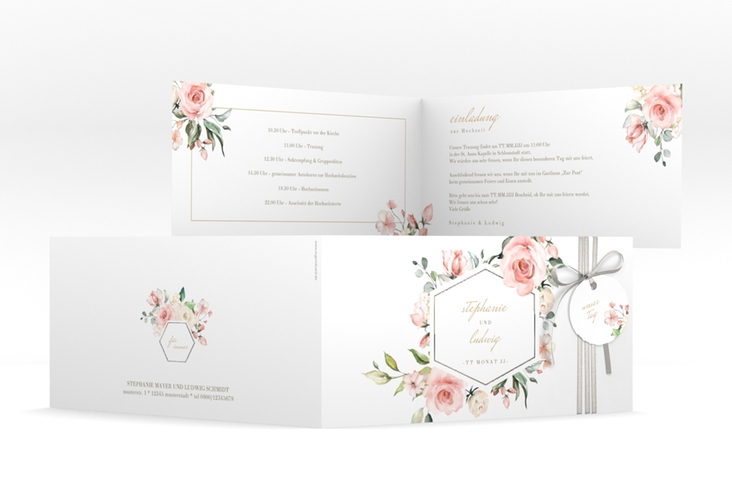Hochzeitseinladung Graceful lange Klappkarte quer weiss silber mit Rosenblüten in Rosa und Weiß
