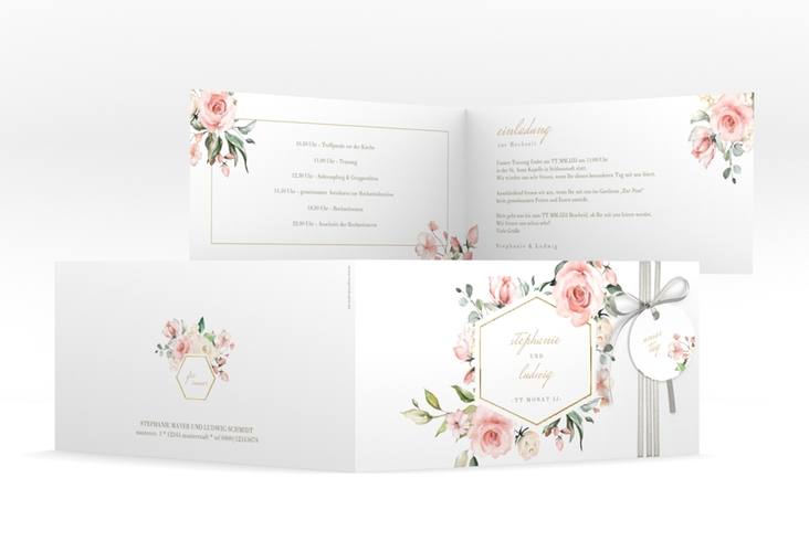 Hochzeitseinladung Graceful lange Klappkarte quer weiss gold mit Rosenblüten in Rosa und Weiß