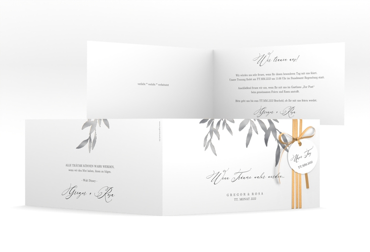 Hochzeitseinladung Demure lange Klappkarte quer weiss silber