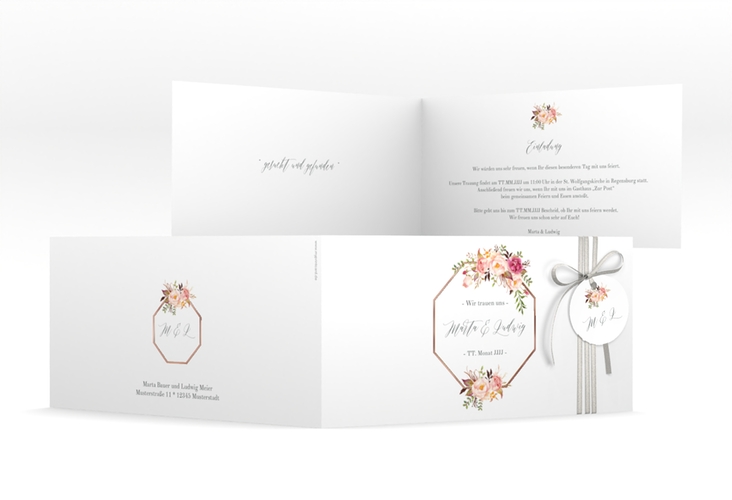 Hochzeitseinladung Prachtvoll lange Klappkarte quer weiss rosegold
