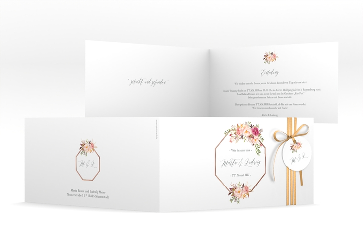 Hochzeitseinladung Prachtvoll lange Klappkarte quer weiss rosegold