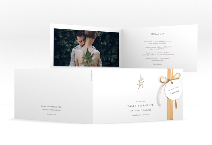 Hochzeitseinladung Ivy lange Klappkarte quer weiss gold minimalistisch mit kleiner botanischer Illustration