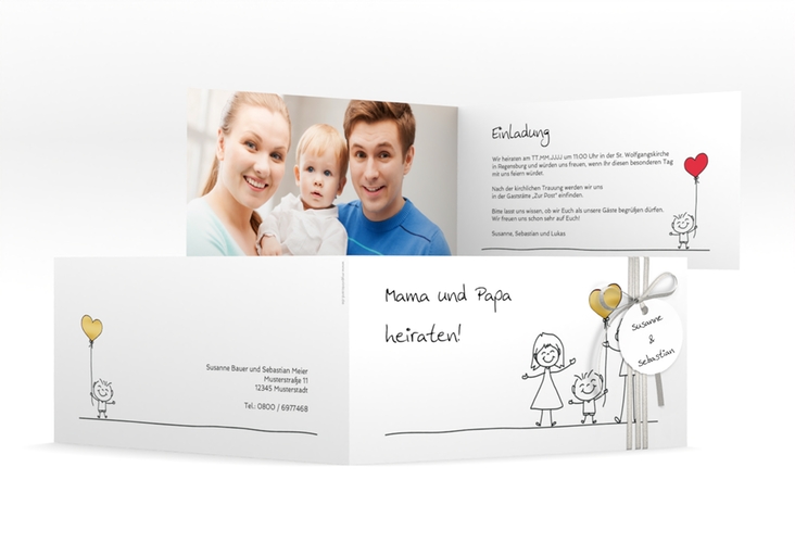 Hochzeitseinladung Family lange Klappkarte quer weiss gold