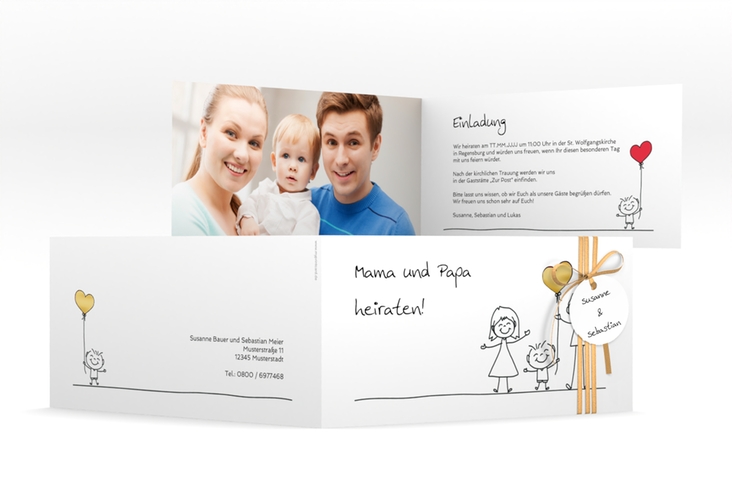 Hochzeitseinladung Family lange Klappkarte quer weiss gold