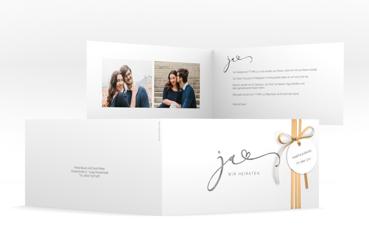 Hochzeitseinladung Jawort lange Klappkarte quer weiss silber modern minimalistisch mit veredelter Aufschrift