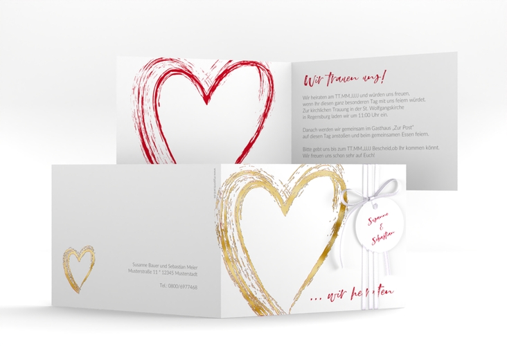 Hochzeitseinladung Liebe A6 Klappkarte quer rot gold