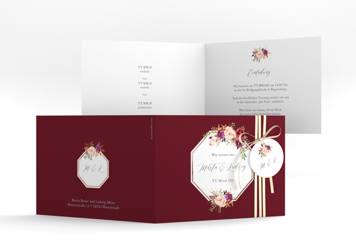 Hochzeitseinladung Prachtvoll A6 Klappkarte quer rot rosegold