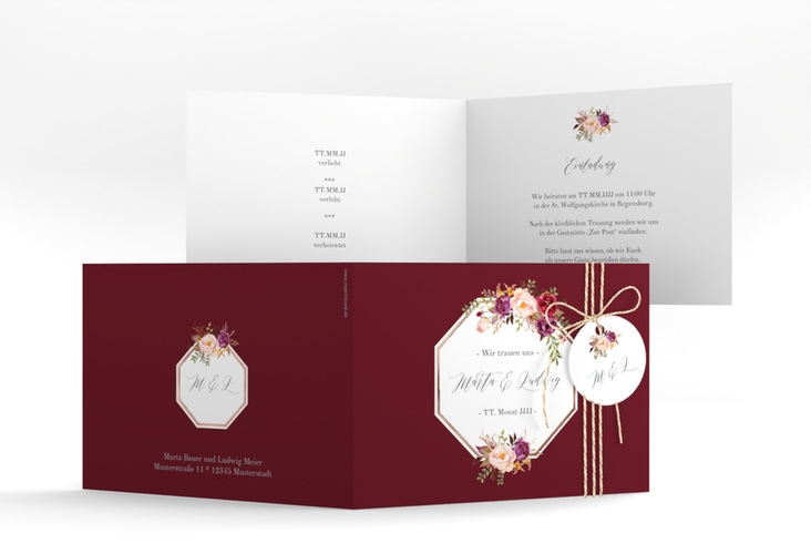 Hochzeitseinladung Prachtvoll A6 Klappkarte quer rot rosegold