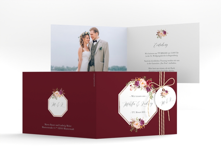 Hochzeitseinladung Prachtvoll A6 Klappkarte quer rot rosegold