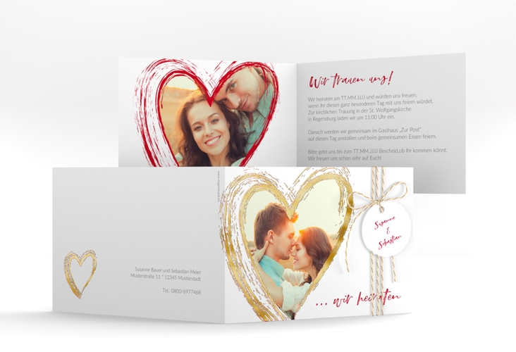 Hochzeitseinladung Liebe A6 Klappkarte quer rot gold