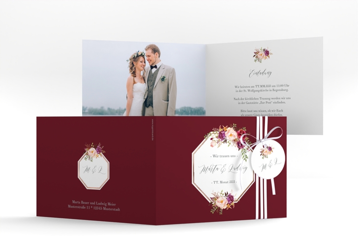 Hochzeitseinladung Prachtvoll A6 Klappkarte quer rot rosegold