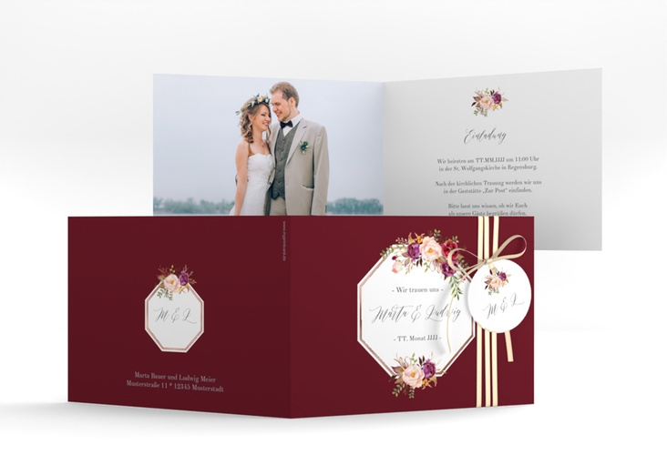 Hochzeitseinladung Prachtvoll A6 Klappkarte quer rot rosegold