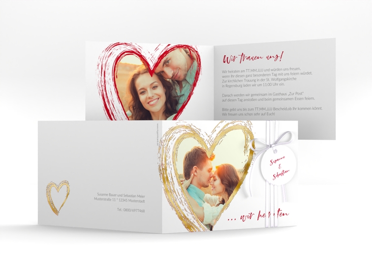 Hochzeitseinladung Liebe A6 Klappkarte quer rot gold