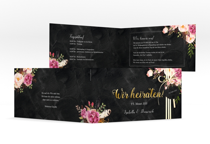 Hochzeitseinladung Flowers lange Klappkarte quer schwarz gold mit bunten Aquarell-Blumen