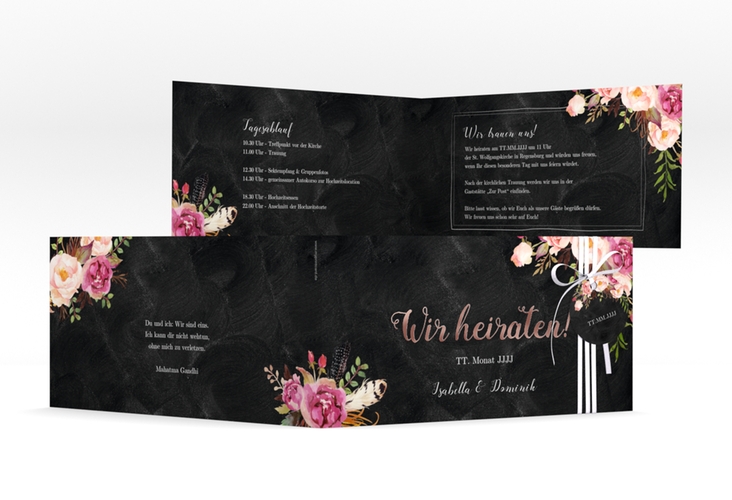 Hochzeitseinladung Flowers lange Klappkarte quer schwarz rosegold mit bunten Aquarell-Blumen
