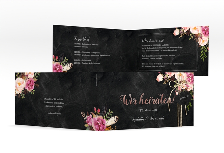 Hochzeitseinladung Flowers lange Klappkarte quer schwarz rosegold mit bunten Aquarell-Blumen