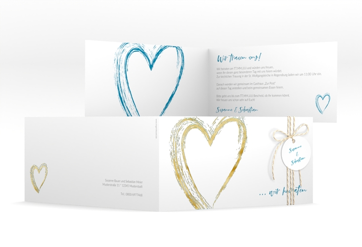 Hochzeitseinladung Liebe lange Klappkarte quer tuerkis gold