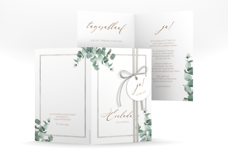 Einladungskarte Hochzeit Eucalypt A6 Klappkarte hoch weiss silber mit Eukalyptus und edlem Rahmen