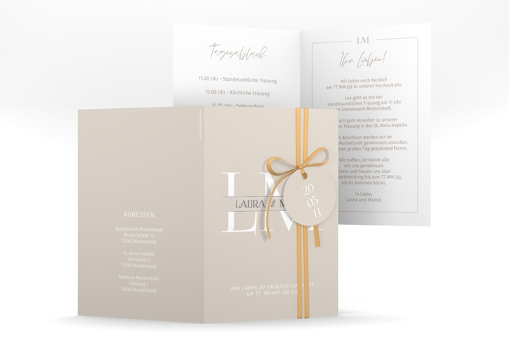 Einladungskarte Hochzeit Monogramm A6 Klappkarte hoch beige silber