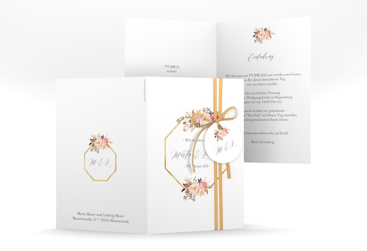 Einladungskarte Hochzeit Prachtvoll A6 Klappkarte hoch weiss gold