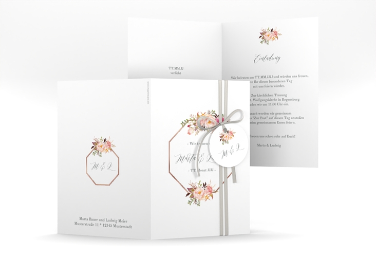 Einladungskarte Hochzeit Prachtvoll A6 Klappkarte hoch weiss rosegold