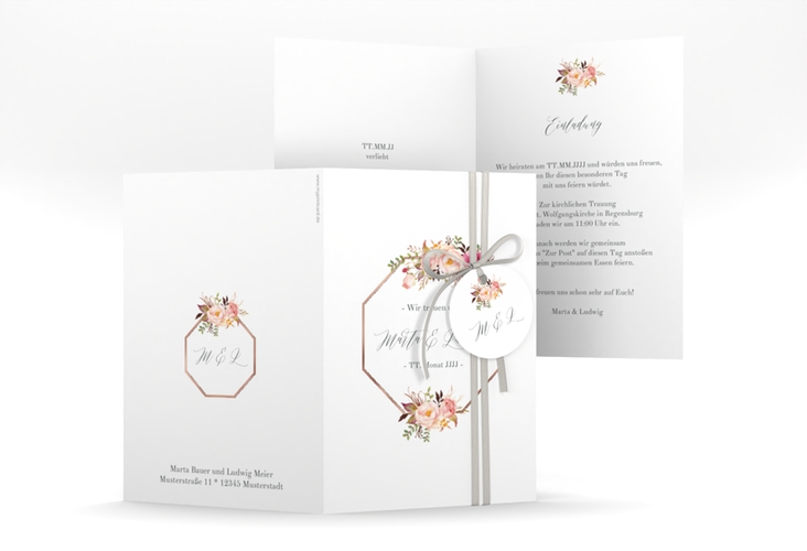 Einladungskarte Hochzeit Prachtvoll A6 Klappkarte hoch weiss rosegold