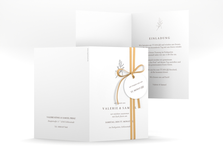 Einladungskarte Hochzeit Ivy A6 Klappkarte hoch weiss silber minimalistisch mit kleiner botanischer Illustration