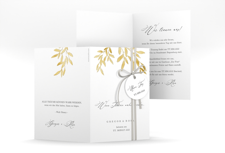 Einladungskarte Hochzeit Demure A6 Klappkarte hoch weiss gold
