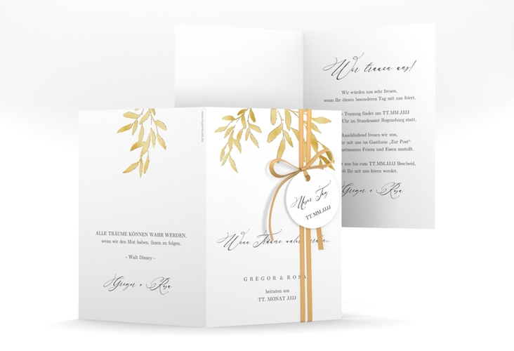 Einladungskarte Hochzeit Demure A6 Klappkarte hoch weiss gold