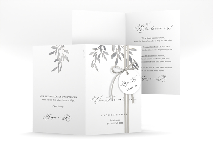 Einladungskarte Hochzeit Demure A6 Klappkarte hoch weiss silber