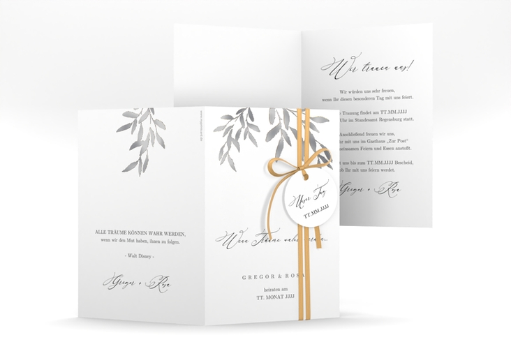 Einladungskarte Hochzeit Demure A6 Klappkarte hoch weiss silber