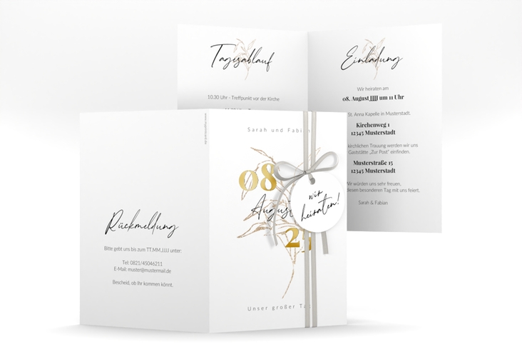 Einladungskarte Hochzeit Seed A6 Klappkarte hoch weiss gold