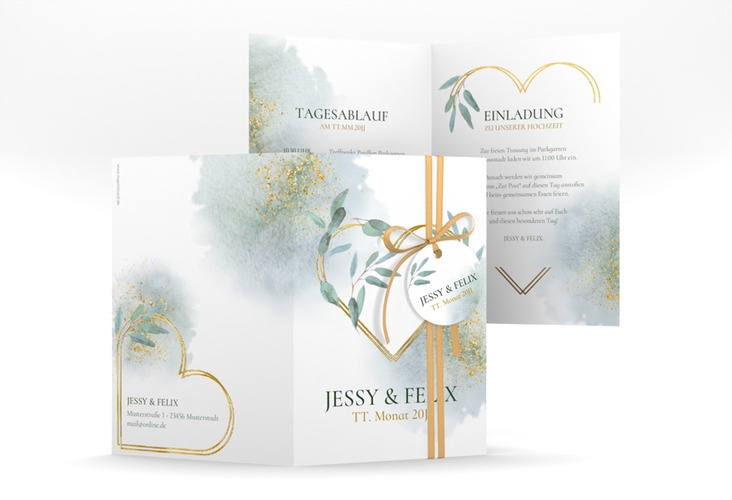 Einladungskarte Hochzeit Amore A6 Klappkarte hoch weiss gold