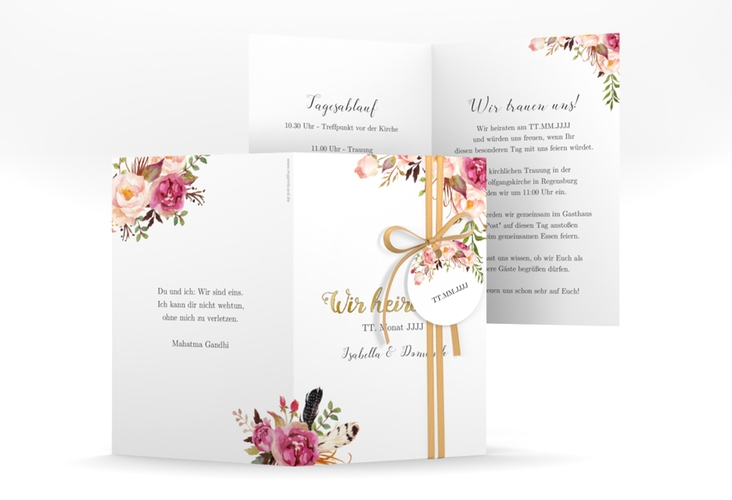 Einladungskarte Hochzeit Flowers A6 Klappkarte hoch weiss gold mit bunten Aquarell-Blumen