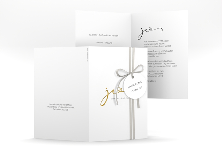 Hochzeitseinladung Jawort A6 Klappkarte hoch weiss gold modern minimalistisch mit veredelter Aufschrift