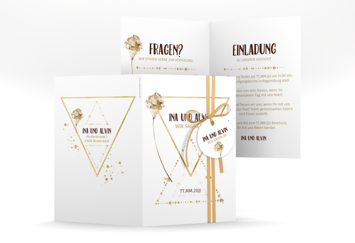 Einladungskarte Hochzeit Triangle A6 Klappkarte hoch weiss gold