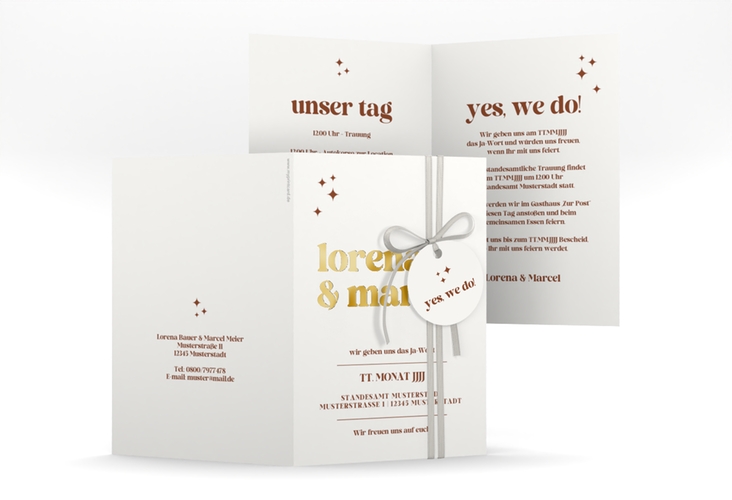 Einladungskarte Hochzeit Retro A6 Klappkarte hoch weiss gold