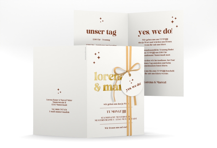 Einladungskarte Hochzeit Retro A6 Klappkarte hoch weiss gold