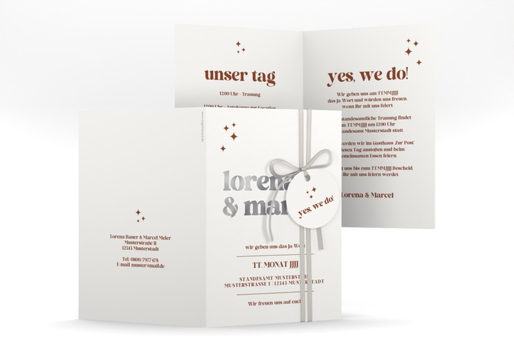 Einladungskarte Hochzeit Retro A6 Klappkarte hoch weiss silber
